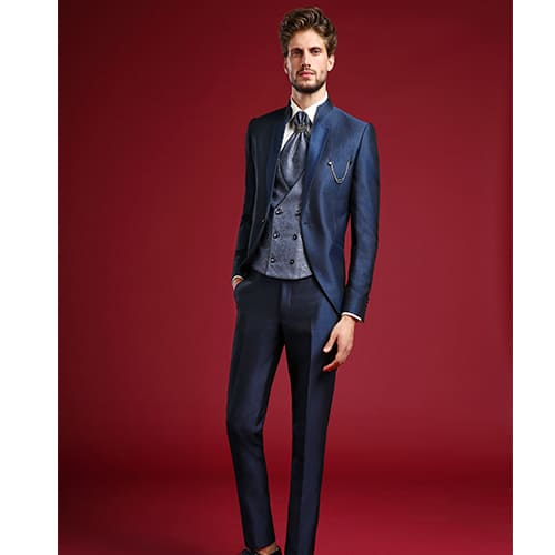 giacca collo coreano blu liscio con gilet damascato blu maestrami cerimonia