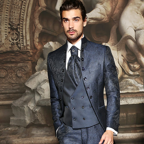 giacca lunga con bottoni laterali damascato blu maestrami
