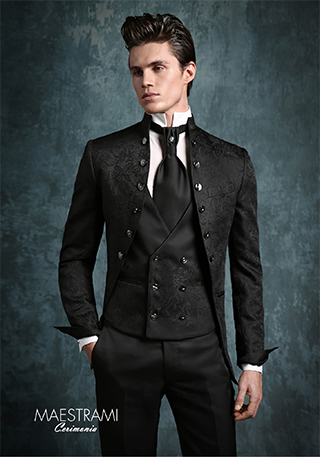 abito giuseppe rocchini nero con bottoni laterali e gilet rosso damascato abito giuseppe rocchini nero con bottoni laterali e gilet rosso damascato