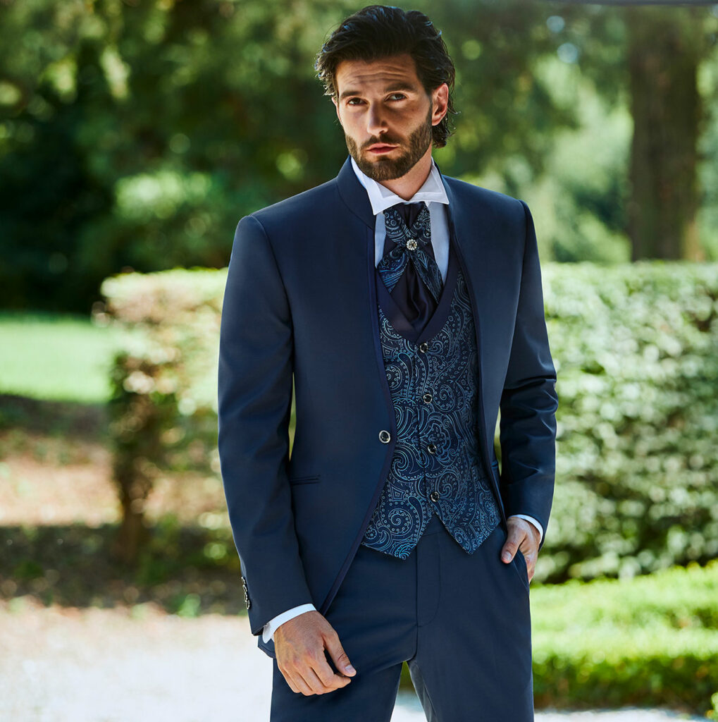 smoking-collo-coreano-blu-liscio-gilet-damascato